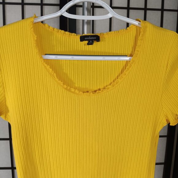 AMBIANCE Yellow Short Sleeve Ribbed Crop Women's Pullover Blouse XL - Picture 2 of 6